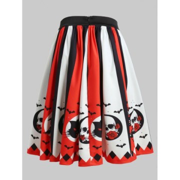 Halloween Skull Owl Print Pleated Skirt -