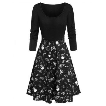 Halloween Skull Skeleton Butterfly Print Dress - Black