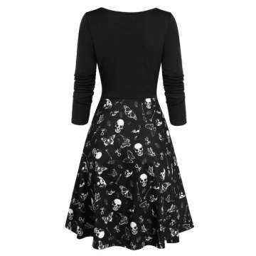 Halloween Skull Skeleton Butterfly Print Dress - Black