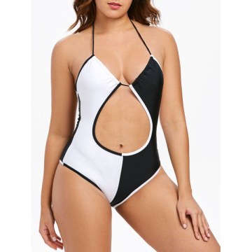 Halter Backless Two Tone Swimsuit - Black