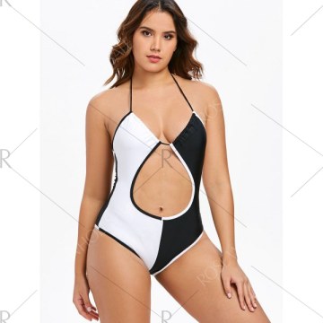 Halter Backless Two Tone Swimsuit - Black