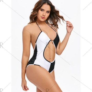 Halter Backless Two Tone Swimsuit - Black