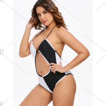 Halter Backless Two Tone Swimsuit - Black