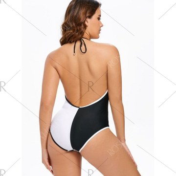 Halter Backless Two Tone Swimsuit - Black