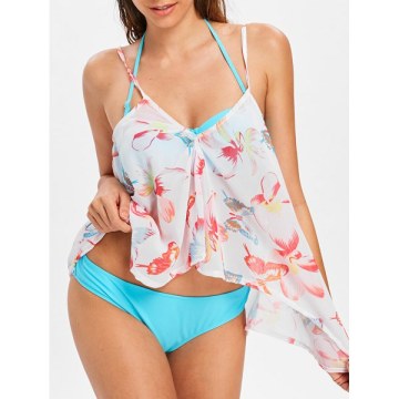 Halter Bikini with Flower Cover Up - Deep ky Blue