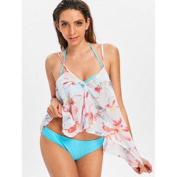 Halter Bikini with Flower Cover Up - Deep ky Blue