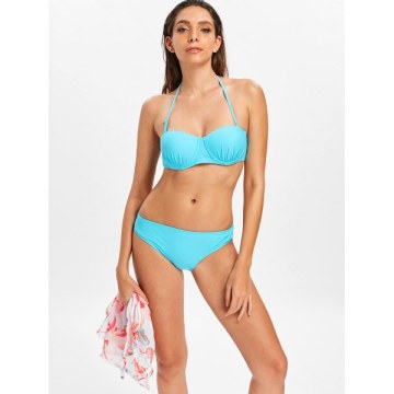 Halter Bikini with Flower Cover Up - Deep ky Blue