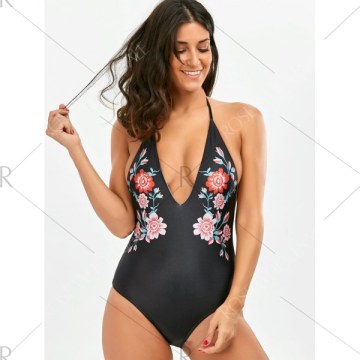 Halter Floral Open Back wimsuit - Black