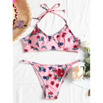 Halter Floral String Bikini - Light Pink