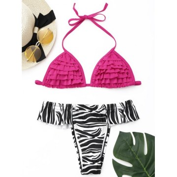 Halter ayered Ruffled Bikini Set - Rose Madder