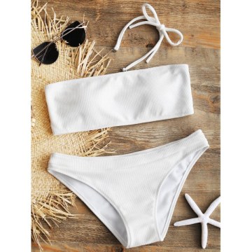 Halter Ribbed Bikini Set - White