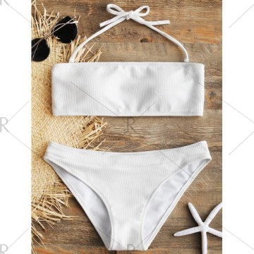 Halter Ribbed Bikini Set - White
