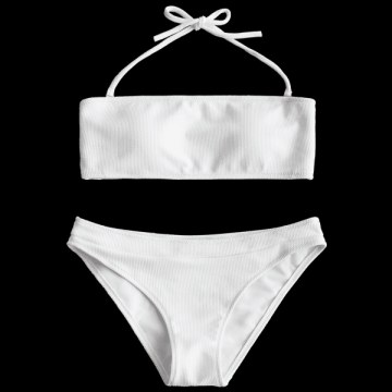 Halter Ribbed Bikini Set - White