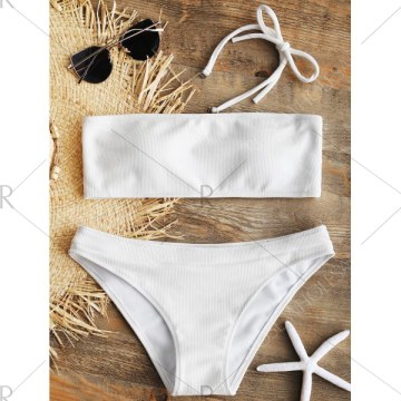 Halter Ribbed Bikini Set - White