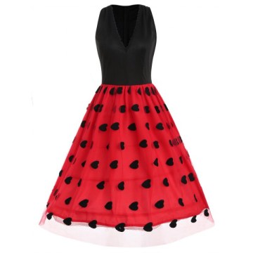 Heart Pattern Vinatge Lace Panel Dress - Red