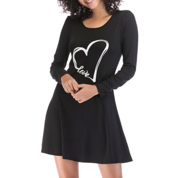 Heart Print Long Sleeve Slim Fit Dress - Black