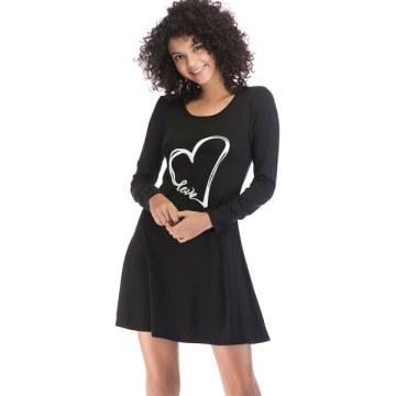 Heart Print Long Sleeve Slim Fit Dress - Black
