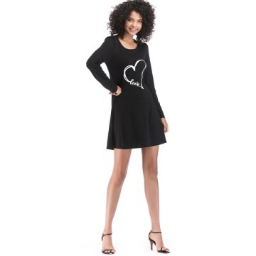 Heart Print Long Sleeve Slim Fit Dress - Black