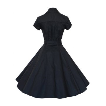 Hepburn Vintage Series Women Dress Spring And Summer Pure Color Lapel V-neck Design Short Sleeve Retro Belt Dress - Black
