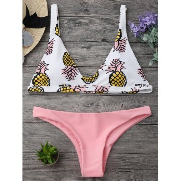High Cut Pineapple Print Bikini Set - Pink
