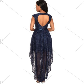 High Low Open Back Lace Party Dress - Blue