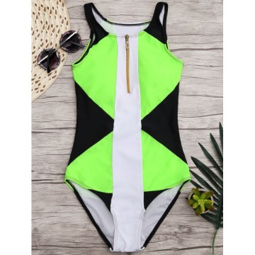 High Neck Color Block One-piece Swimwear - Black And Green