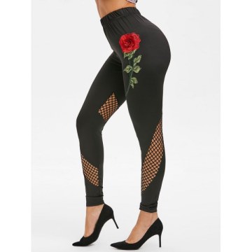 High Rise Embroidered Fishnet Insert Leggings - Black
