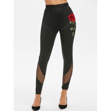 High Rise Embroidered Fishnet Insert Leggings - Black