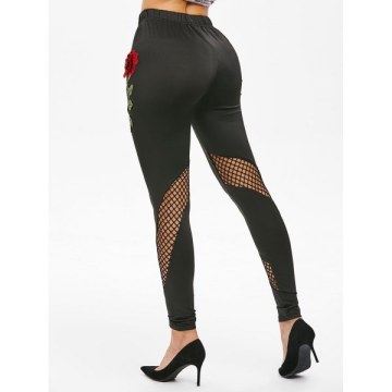 High Rise Embroidered Fishnet Insert Leggings - Black