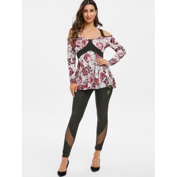 High Rise Embroidered Fishnet Insert Leggings - Black