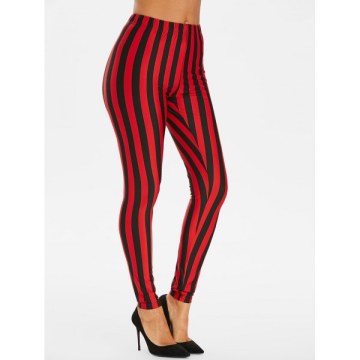 High Rise Striped Skinny Leggings - Red