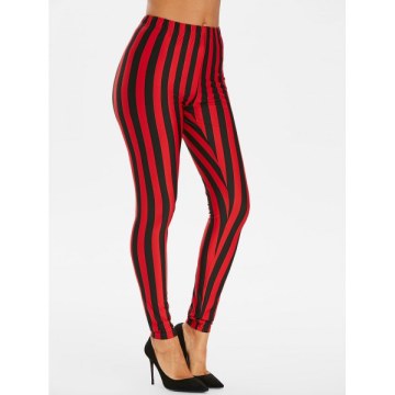 High Rise Striped Skinny Leggings - Red