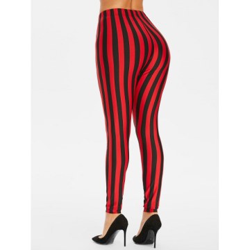 High Rise Striped Skinny Leggings - Red