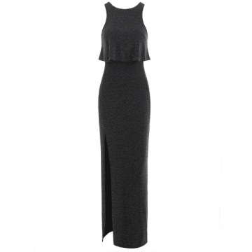 High Slit Flounce Sparkly axi Dress - Black