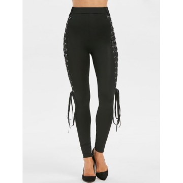 High Waist Lace Up Punk Pants - Black