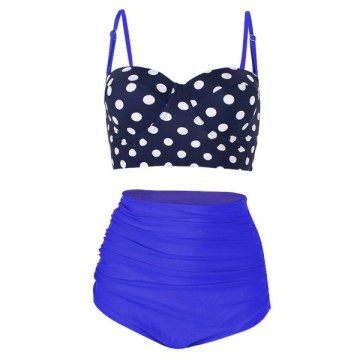 High Waist Polka Dot Underwire Bikini Set - Blue
