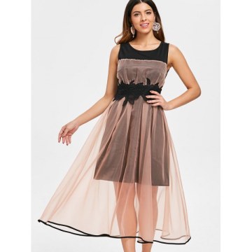 High Waist Sleeveless Flare Dress - Black