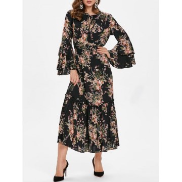 High Waist Tiny Floral Flounce Trim Dress - Black