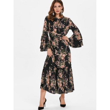 High Waist Tiny Floral Flounce Trim Dress - Black