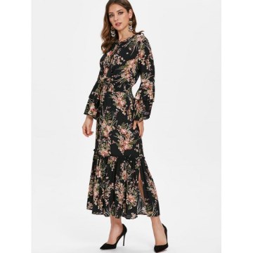 High Waist Tiny Floral Flounce Trim Dress - Black