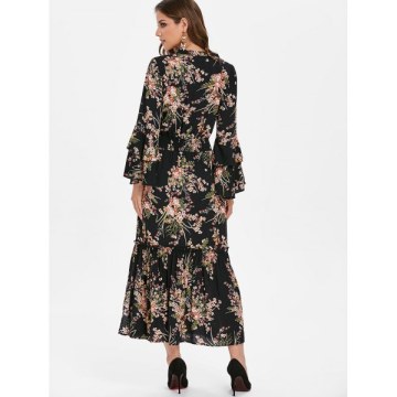 High Waist Tiny Floral Flounce Trim Dress - Black
