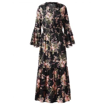 High Waist Tiny Floral Flounce Trim Dress - Black