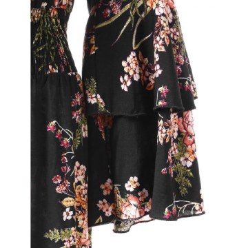 High Waist Tiny Floral Flounce Trim Dress - Black