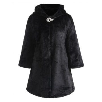 Hooded Fluffy Faux Fur Coat - Black
