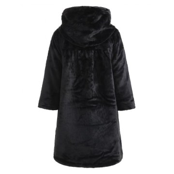 Hooded Fluffy Faux Fur Coat - Black