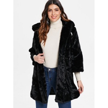 Hooded Fluffy Faux Fur Coat - Black