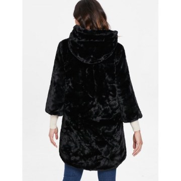 Hooded Fluffy Faux Fur Coat - Black
