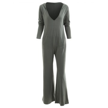 Hooded Low Cut Wide Leg Jumpsuit - Army Green