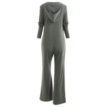Hooded Low Cut Wide Leg Jumpsuit - Army Green