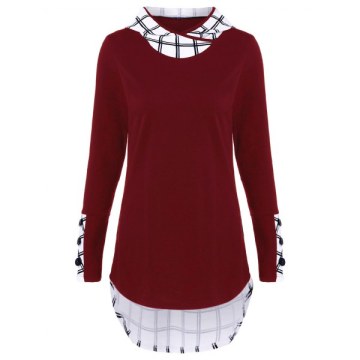 Hooded Plaid Trim Curved T-Shirt - Deep Red
